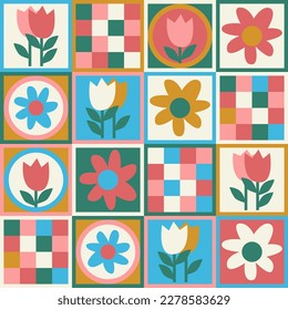 Seamless pattern. Hand drawn flowers decorated with patterns in naive style. For wrapping paper, other design projects