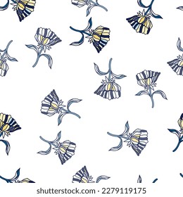 Patrón sin foco con flores dibujadas a mano y hojas. Resumen de papel de pared de flores. Diseño para tela, impresión textil, superficie, envoltura, cubierta, tarjeta de saludo. Ilustración del vector
