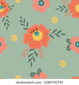 Patrón sin fisuras dibujado a mano   flores y branh con hojas sobre fondo verde.