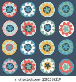 Seamless pattern. Hand drawn flowers decorated with patterns in naive style. For wrapping paper, other design projects