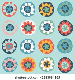 Seamless pattern. Hand drawn flowers decorated with patterns in naive style. For wrapping paper, other design projects