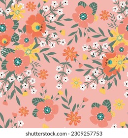 Seamless pattern with hand drawn   flowers and branch with leaves on pink background.