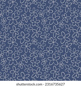 Patrón sin foco con flores dibujadas a mano sobre fondo azul. Impresión gráfica floral. Encuentra un juego de labranza de quatrefoil. Ilustración vectorial.