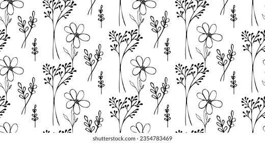 Patrón sin soldadura con flores y hierbas dibujadas a mano, ilustración vectorial