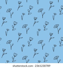 Seamless pattern, hand drawn flowers on a blue background, flat vector, scandinavian pattern