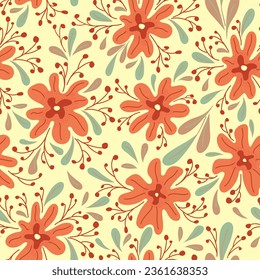 Seamless pattern with hand drawn   flowers and branch with leaves and berries on yellow background.