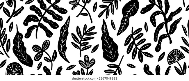 Seamless pattern with hand drawn  flowers and leaves. Black branches modern ornament, ink texture with foliage and blooming flowers. Abstract floral motif. Brush drawn flowers in naive style. 