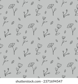 Patrón sin soldadura, flores dibujadas a mano sobre un fondo gris, vector plano, patrón escandinavo