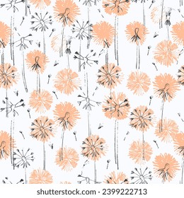 Seamless pattern with hand drawn flowers in Color of the year 13-1023 Peach Fuzz for surface design and other design projects