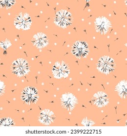 Seamless pattern with hand drawn flowers in Color of the year 13-1023 Peach Fuzz for surface design and other design projects