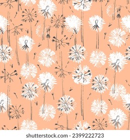 Seamless pattern with hand drawn flowers in Color of the year 13-1023 Peach Fuzz for surface design and other design projects