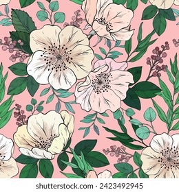 Seamless pattern with Hand drawn flowers and eucalyptus. Vector design elements