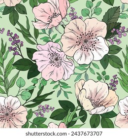 Seamless pattern with Hand drawn flowers and eucalyptus. Vector illustration