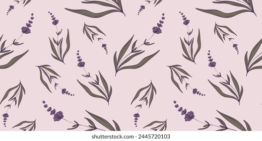 Seamless pattern with hand drawn flowers of lavender. Perfect for wallpaper, wrapping paper, textile products, print, web sites, background, social media, blog, presentation and greeting cards.	