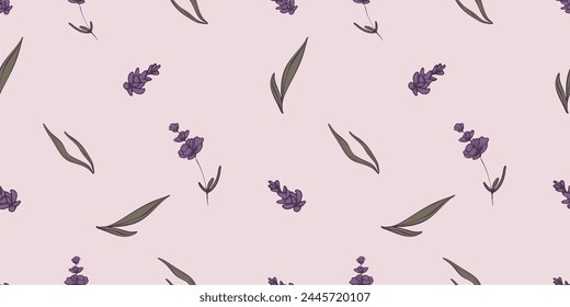 Seamless pattern with hand drawn flowers of lavender. Perfect for wallpaper, wrapping paper, textile products, print, web sites, background, social media, blog, presentation and greeting cards.	