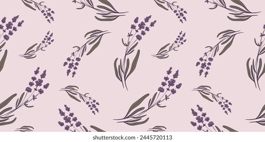 Seamless pattern with hand drawn flowers of lavender. Perfect for wallpaper, wrapping paper, textile products, print, web sites, background, social media, blog, presentation and greeting cards.	
