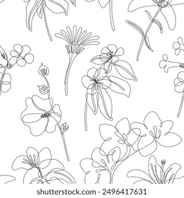 Seamless pattern with hand drawn flowers. Continuous line floral background. Hand drawn.