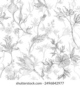 Seamless pattern with hand drawn flowers. Abstract floral background. Fabric wallpaper print texture.