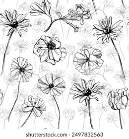 Seamless pattern with hand drawn flowers. Abstract floral background.