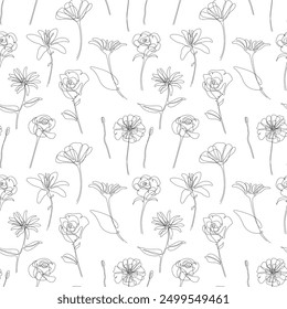 Seamless pattern with hand drawn flowers. Abstract floral background.