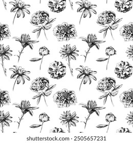 Seamless pattern.  Hand drawn flowers isolate on white. Abstract floral background.