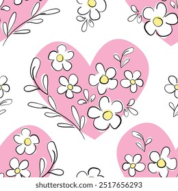 Seamless pattern with Hand Drawn Flowers and hearts, Vector illustration summer spring print