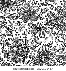Padrão contínuo com flores desenhadas à mão. Ilustração vetorial linear de flores silvestres.