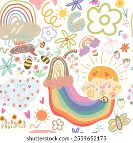 Seamless pattern with hand drawn flowers, rainbows, clouds, fruits on white background, kids pattern, doodle.