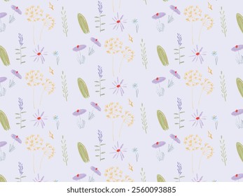 Seamless Pattern with Hand Drawn Flowers and Leaves. Botanical Elements Soft Pastel Tones. Repeating Design Textured Brushes for Fabric Wallpaper Decor. Vector Flat Illustration.