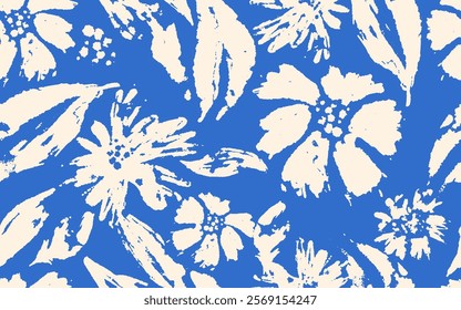 Seamless pattern hand drawn flowers with brush style texture on blue background. Brush stroke white floral pattern. Design element flower pattern. Vector illustration brush pattern.