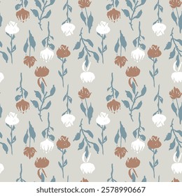 Seamless pattern with hand drawn flowers and leaves. Loose botanical repeat background. Rough florals wallpaper.