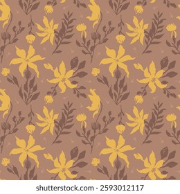 Seamless pattern with hand drawn flowers and leaves. Loose botanical repeat background. Rough florals wallpaper.