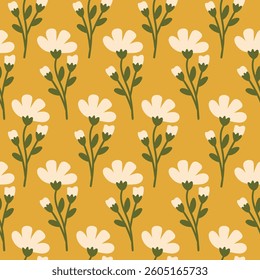 Seamless pattern with hand drawn flowers on a mustard background. Cute floral minimal print. Yellow, green and beige colors. Vector illustration