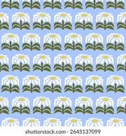 Seamless pattern with hand drawn flowers on a blue background. Cute floral minimal print. White, green and blue colors. Vector illustration