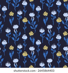 Padrão contínuo com flores e folhas desenhadas à mão. Fundo de repetição botânica solta. Papel de parede de florais ásperos.