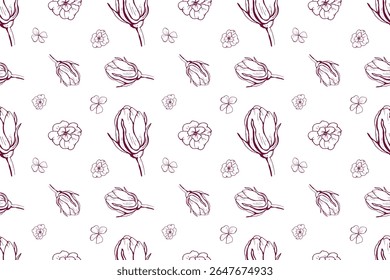 Padrão contínuo de flores desenhadas à mão e botões para embalagem, papel de embrulho, fundo.