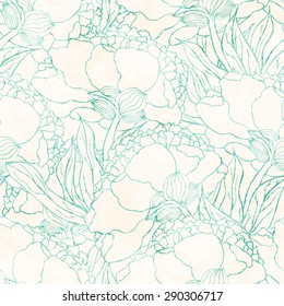 Seamless pattern with hand drawn flowers. Hand drawn design for fabric, wrapping paper, greeting cards or invitation. Vector illustration.