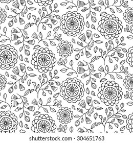 Seamless pattern with hand drawn flowers, black and white floral texture, vector illustration