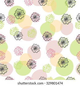Seamless pattern with hand drawn flowers on background made of splashes in pastel colors: green, pink, orange. template for printing. Ideal for paper design. vector illustration. repeating pattern.