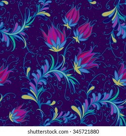 Seamless pattern with hand drawn flowers and floral elements. With texture. In purple and lilac colors.