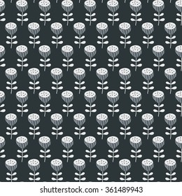 Seamless pattern with hand drawn flowers. Nature background. Monochrome floral fabric. Vector illustration.