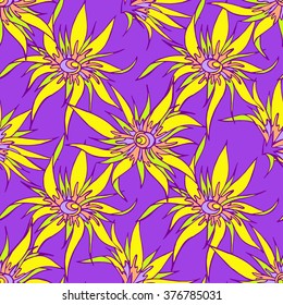 Seamless pattern with hand drawn flowers. In violet and yellow colors.
