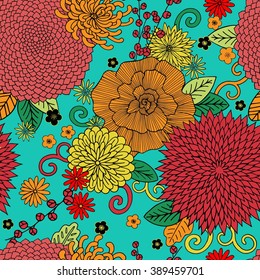 Seamless pattern with hand drawn flowers. Chinese and Japanese silk art style.