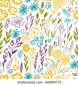 Seamless pattern with hand drawn flowers and plants. Vector floral set.