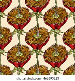 Seamless pattern with hand drawn flowers. Chinese and Japanese silk art style.
