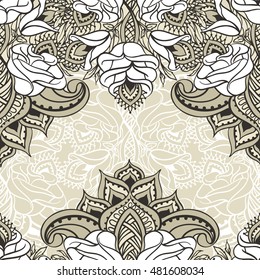 Seamless pattern with hand drawn flowers. Roses abstract. Vector illustration in beige shades.