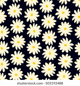 Seamless pattern with hand drawn flowers in cream and yellow on dark blue background.