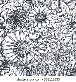 Seamless pattern with hand drawn flowers and plants in sketch style. Monochrome vector endless nature background
