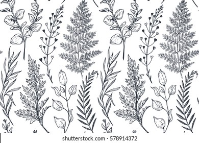 Seamless Pattern With Hand Drawn Flowers And Plants In Sketch Style. Monochrome Vector Endless Nature Background.