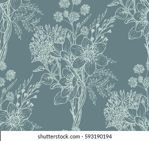 Seamless pattern with hand drawn flowers and plants in sketch style. Vector endless nature background